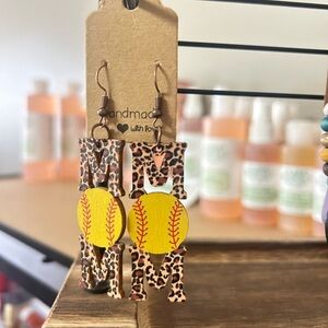 Softball Baseball Mom Animal Print Double Sided Dangly Earrings NEW